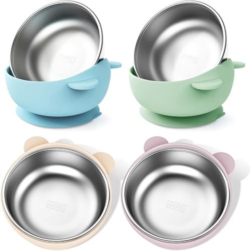 Stainless Steel Baby Bowls with Suction, 2-in-1 Toddlers Bowl & Removable Silicone Suction Kids Bowl, Non Toxic Snack Container for Baby Food Feeding, Soft Blue/Sage/Lavender/Cream Set of 4