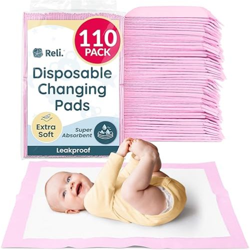 Reli. Disposable Changing Pads for Baby (110 Pack) | Disposable Diaper Changing Pads, 13" x 18" | Super Absorbent, Leak-Proof Liners | Waterproof, Quick Dry Underpads (Pink/White)