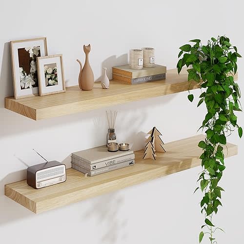 Solid Wood Floating Shelves For Wall, 36”W x 9”D x 1.56”H Large Wall Shelves for Living Room Bedroom Bathroom Kitchen Drcor Storage with Invisible Heavy-Duty Metal Bracket, Natural, Set of 2