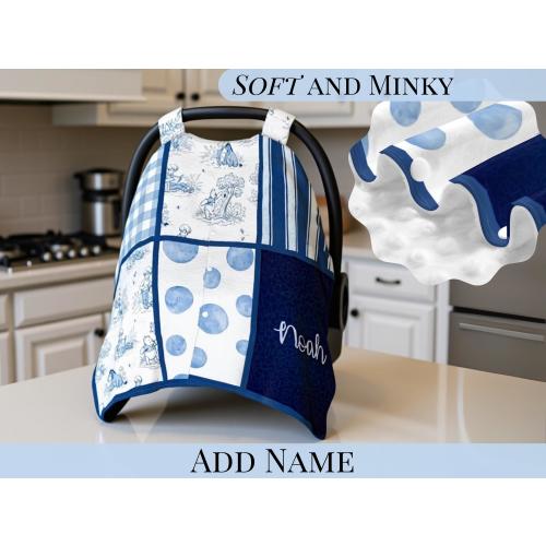 Car Seat Cover Personalized Winnie the Pooh Toile Baby Seat Canopy Soft Dot Blanket Custom Baby Name Boy Gift Baby Shower Gift New Mom Idea