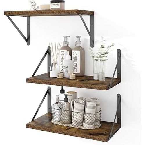 Heimlove Floating Shelves for Wall Set of 3,Light Wood Wall Mounted Bookshelf Decorative Shelf for Living Room Bathroom Bedroom Kitchen Laundry Pictures Plants Books Cats TV,Rustic Brown