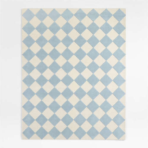 Checkerboard Blue Wool Kids Area Rug 5'x8'