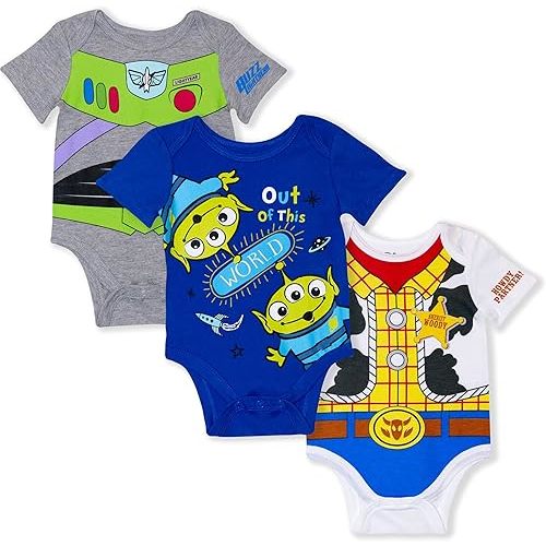 Disney Baby Toy Story Mickey Mouse Cars Winnie the Pooh Boys 3 Pack Bodysuit Creeper for Newborn and Infant