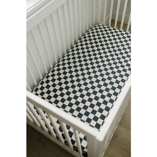 Charcoal Checkered Muslin Crib Sheet by Mebie Baby, Soft and Breathable Bed Sheets for Babies, Modern Neutral Bedding for Cribs, Standard Crib Mattress Fitted Sheet, Great for Boy or Girl Room