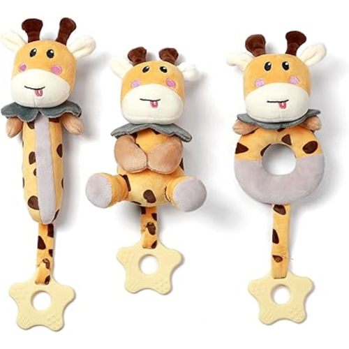 TUMAMA Baby Rattles 0-6 Months, 3 PCS Giraffe Baby Plush Rattles Sensory Toys with Teethers, Newborn Gifts for Babies 0-6 Months