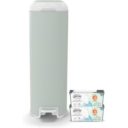 Platinum Diaper Pail Sage Green, Made of Durable Stainless Steel, Convenient Easy to Use Hands-free Operation, Odor-Locking Pail, includes 2 Easy Roll Refill with 18 and 30 Durable Bags