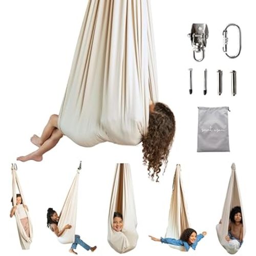 Sensory Swing Indoor & Outdoor for Kids and Adults – Compression Therapy Swing with 360° Swivel Hardware, Double-Layer Ceiling Swing for Autism, Up to 200 Lbs (Beige)