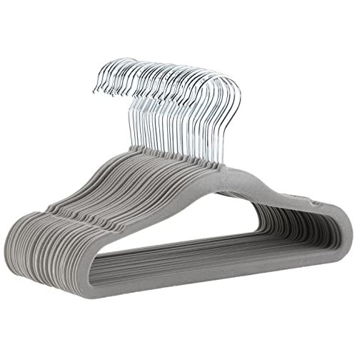 Amazon Basics Kids Velvet, Non-Slip Clothes Hangers for Infant and Toddler, 11.6 Inches (for baby clothes), Pack of 30, Gray