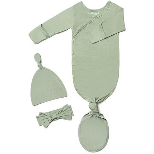 Baby Noah Newborn Knotted Gowns, Baby Girl Side Snap Kimono Sleeper with Mitten Cuffs, Hat and Headband Set for Baby Boy Girl