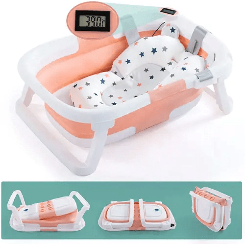 Baby BathTub, 4-in-1 Newborn to Toddler Tub with Temperature Sensor,Infant Waterproof Ear Cap and Soft Cushion included,Pink