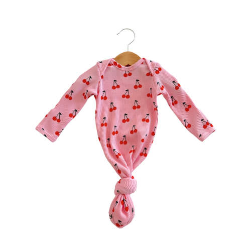 Organic Waffle Knotted Gown, Pink Cherries