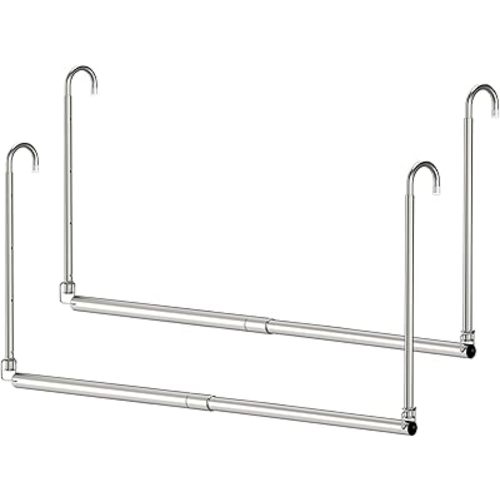 Hanging Closet Rod, 2 Pack Adjustable Width and Height Closet Rods for Hanging Clothes, Premium Stainless-Steel Closet Rod for Ultimate Space Optimization, for Hanging and Drying Clothes, Silver