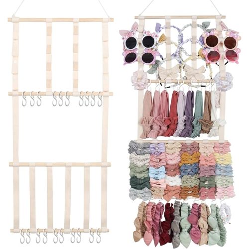 New Upgraded Bow Organizer for Girls, Headband Holder w/ 9 Mesh Pockets,Hair Bow Holder Clip Organizer, Wall Hair Accessories Organizer for Baby Girl Nursery Decor(32x15inch,Beige Pink)
