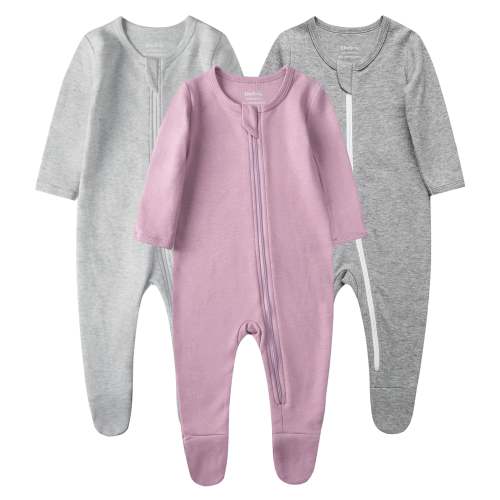 100% Cotton Footed Zip Pajamas - 3 pack - Mauve&light Grey&dark Grey – Owlivia