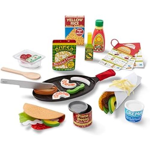 Melissa & Doug Fill & Fold Taco & Tortilla Set, 43 Pieces – Sliceable Wooden Mexican Play Food, Skillet, and More - FSC Certified