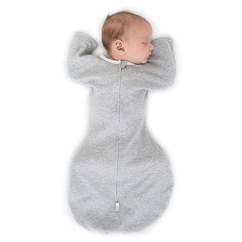 SwaddleDesigns Transitional Swaddle Sack with Arms Up Half-Length Sleeves and Mitten Cuffs, Large, 6-9 Months, 21-24 lbs, Heathered Gray (Arms Up Swaddle, Transition Swaddle Sleep Sack)