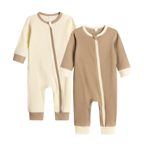 Bafeicao Unisex Baby Boy Girl 2 Pack Rompers Long Sleeve Two Way Zipper Romper One Piece Jumpsuits Clothes Sets