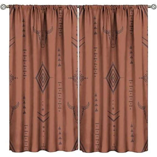 Western Bull Skull Decorative Curtains, Bull Skull Boho Aztec Vintage Country Farmhouse Print Window Drape, for Living Room Bedroom 21(W)*45(L) 2 Panels (Decorative)