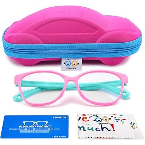 Blue Light Glasses for Kids Girls Boys with Cute Car Case, UV400 Protection, Anti Blue Ray Age3-12