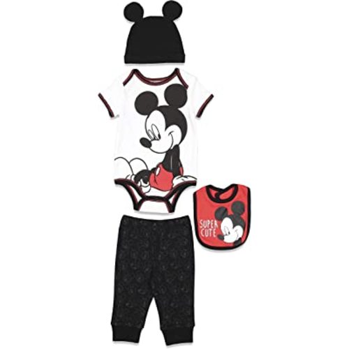 Disney Mickey Mouse 4 Piece Outfit Set: Bodysuit Pants Bib Hat