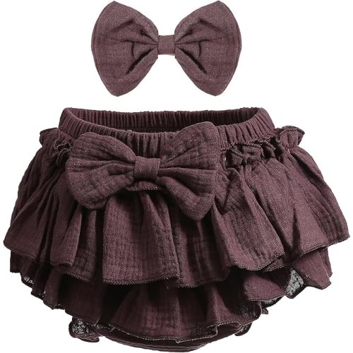 Newborn Baby Girl Cotton Skirts with Built-in Shorts Toddlers Ruffle Diaper Covers Infant Skorts with Bows Headband