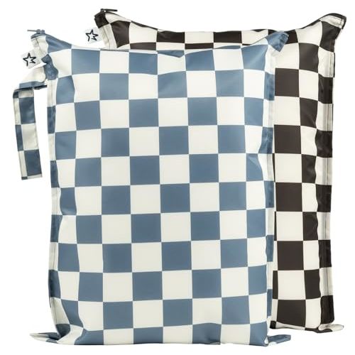 Tiny Twinkle Mess-proof Wet Bags 2 Pack Waterproof and Washable Bag for Travel storage, Stroller, Daycare, Baby Diapers, Yoga, Beach, Pool, Wet Toddler Swimsuits (Blue, Black Checkers)