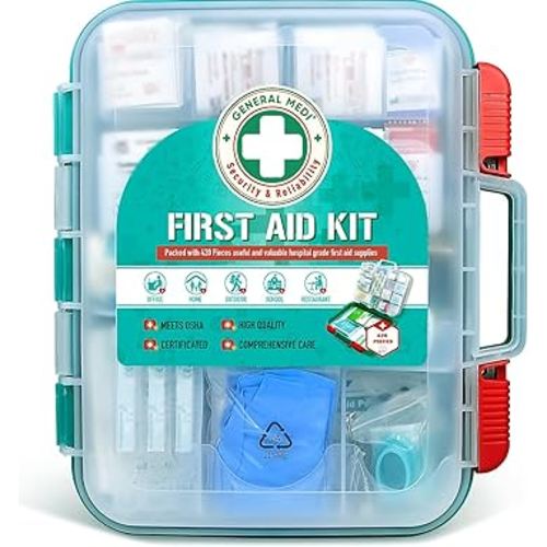 General Medi 420 Pieces Professional First Aid Kit - HardCase First Aid Box - Contains Premium Medical Supplies for Travel, Home, Office, Vehicle, Camping, Workplace & Outdoor