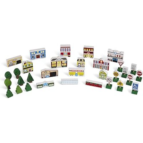 Melissa & Doug Wooden Town Play Set With Storage Tray (32 pcs) Pretend Play Wooden Town Set For Kids With Storage