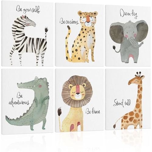 HLJ ART Safari Animal Poster Set: Inspirational Quotes Kids Wall Art, 6 Framed Polyester Panels for Nursery Decor