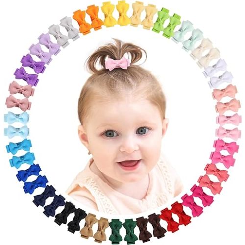 Fully Lined Grosgrain Ribbon Mini Hair Clips and Bows for Girls - 1.2" Tiny Hair Clips and Bows for Infants' Fine Hair (25 Color Pairs, 50 Pieces)