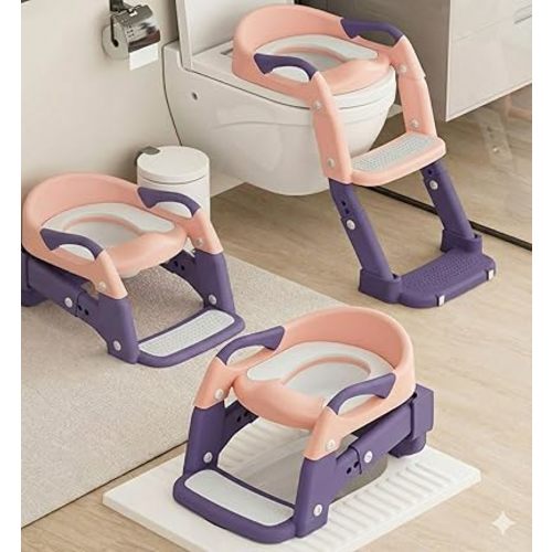 3-in-1 Toddler Potty Training Toilet Seat with Foldable Ladder – Adjustable Toddler Toilet Seat for Boys & Girls with Soft Cushion, Ergonomic Backrest, Non-Slip Pedal and Safety Grips (Pink & Purple)