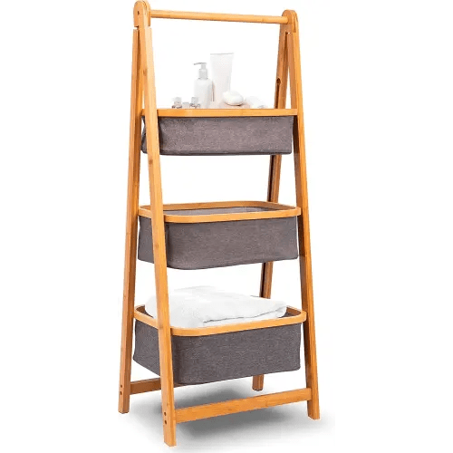 SerenelifeHome 3 Tier Fold Out Hamper Shelf Storage - Space Saving Collapsible Foldable Natural Bamboo Wooden Organizer Removable Baskets for Bedroom Bathroom Laundry Clothes Towels