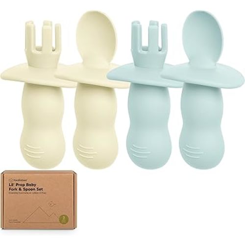 KeaBabies 4-Pack Silicone Baby Spoons and Forks Set - Baby Spoon Self Feeding, BLW Baby Utensils 6-12 Months, Baby Led Weaning Feeding Spoon, Teething Infant Baby Food Training Pre Spoon (Pastel Sky)