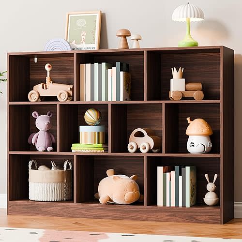 Cozy Castle Brown Bookshelf, 3-Tier Open Shelf Bookcase, 10 Cube Storage Organizer with Anti-Tilt Device, Freestanding Book Storage Shelves for Bedroom, Living Room