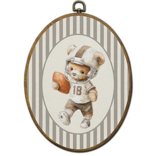 QZQE Football Bear Nursery Oval Wall Art Decor Framed, Sports Oval Canvas Prints, Bear Football Player Neutral Striped Animal Wall Hanging Decor for Kids Boy Toddler Room Playroom, 8.6x11.4 Inch