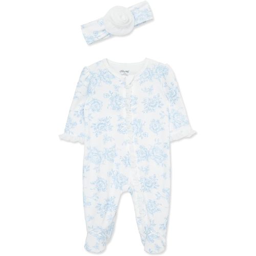 Little Me Baby Girls 100% Cotton 2-piece Zipper Closure Footie and Headband Set