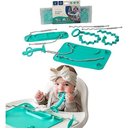 BUSY BABY Essentials Bundle New Parent Starter Kit - Suction Placemat, Mini Mat, Teether Spoon, Toy Bungee, Bottle Bungee, 6 Tether Straps, Wet Bag (Spearmint)