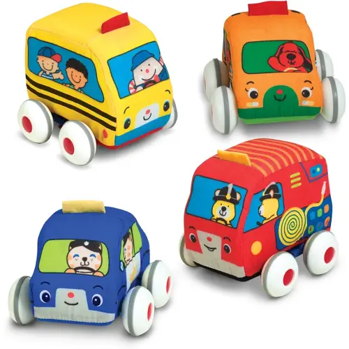 Melissa & Doug K's Kids Pull-Back Vehicle Set - Soft Baby Toy Set With 4 Cars and Trucks and Carrying Case Pull Back Cars, Soft Vehicles Toys For Babies And Toddlers