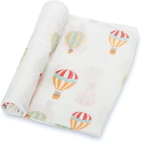 LollyBanks Baby Swaddle Blanket, 100% Cotton Muslin  47 x 47 Inches (Hot Air Balloons Print)