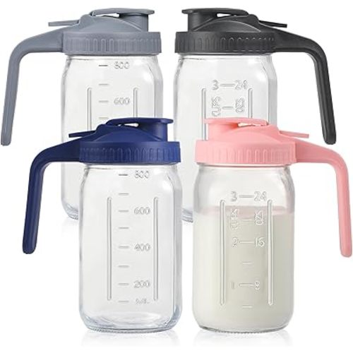 4 Pack 32oz Glass Pitcher with Lid, Double Leakproof Glass Mason Jar Pitcher with Pour Spout Lid, 1 Quart, Wide Mouth Storage Container for Breastmilk, Sun Tea, Juice, Cold Brew Coffee, Water