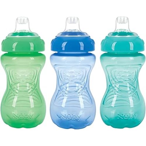 Nuby 3 Pack No Spill Toddler Sippy Cups - Toddler Cups Spill Proof with Easy and Firm Grip - Blue, Aqua, Green