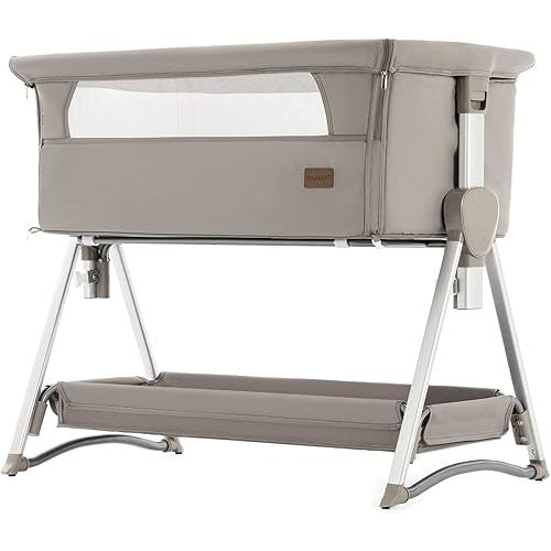 Baby Bassinet, Beside Crib, Automatic Rocking Cribs Newborn Infant Sleeping Bed, Portable Foldable Baby Travel Bed with Skin-Friendly & Breathable Mattress Height Adjust Suit for 0-6M Cradle (Khaki)