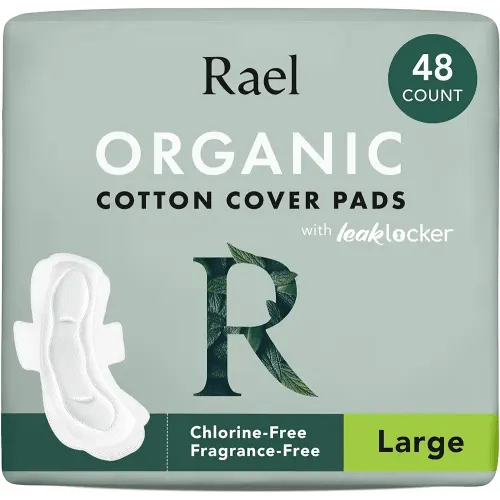 Rael Pads for Women, Organic Cotton Cover - Period Pads with Wings, Feminine Care, Sanitary Napkins, Heavy Absorbency, Unscented (Large, 48 Count)