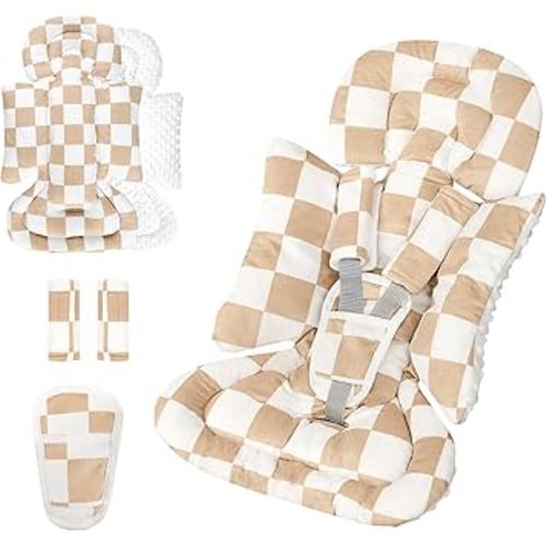 DILIMI Infant Car Seat Insert, Baby Car Seat Head Support with 3 Strap Paddings, Soft Newborn Car Seat Cushion for Stroller, Swing, Bouncers, Brown Checkered