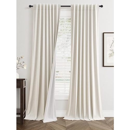 96 Inch Linen Blackout Curtains 2 Panels for Bedroom Living RoomCream Natural 100% Black Out Curtains 96 Inches Long Thermal Noise Reduction Light Blocking Drapes Rustic Country 8ft Back Tab Beige