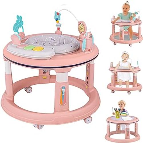 Baby Walker with Music and Lights, 5 Adjustable Heights, Baby Walkers and Activity Center for Boys Girls Babies 6-12 Months, Features 360 Degree Swivel Seat, Detachable Toys and Bounce Foot pad