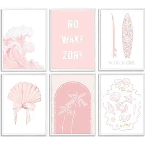 6pcs Pink Coastal Beach Preppy Wall Art Surfer Girl Bow Shells Aesthetic Painting Picture Wall Decor No Wake Zone Poster Print Artwork for Bedroom Bathroom Living Room Preppy Dorm Home Decoration