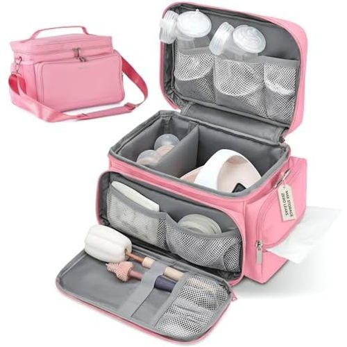 Insulated Pump Bag for Spectra S1 S2, Wearable Breast Pump Bags with Milk Pack, Pumping Bag with Waterproof Mat for Pump Accessories, Bottle Bags for Travel and Family, Pink