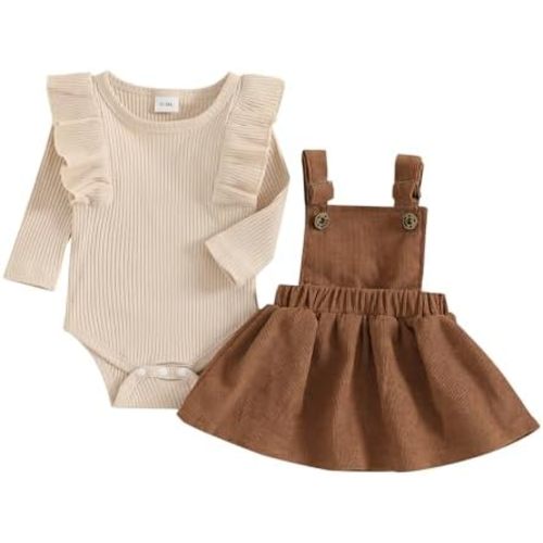 Newborn Baby Girl Outfits Ruffle Long Sleeve Ribbed Romper Corduroy Suspender Skirt Overall Dress Fall Clothes