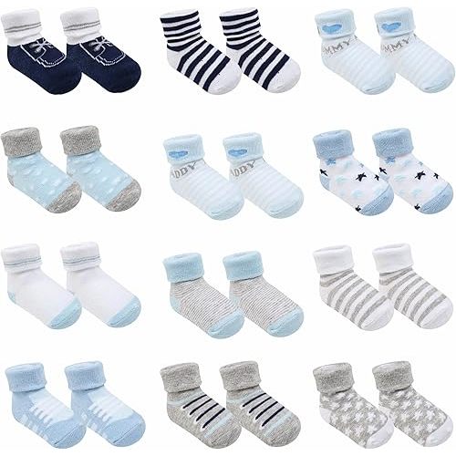 Baby Socks 12 Pairs - Non-Slip Infant Grip for Newborns & Toddlers 0-6 Months, Boys & Girls, Safe for Walking